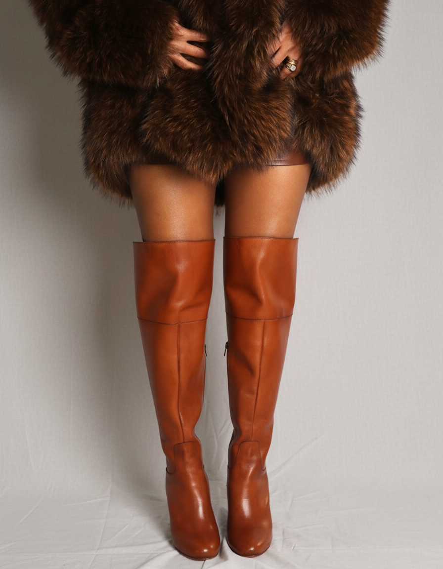 shop Brown leather knee-high boots worn with a fur coat 